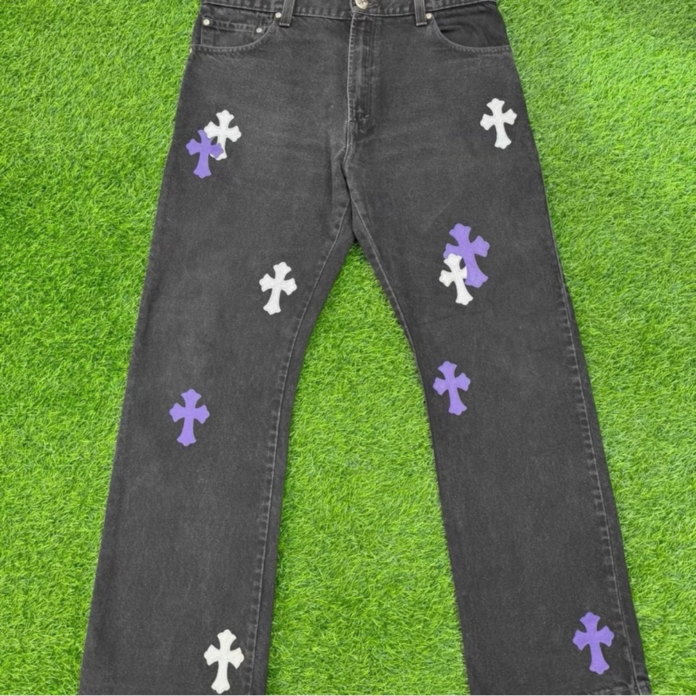 Chrome Hearts Black Jeans with White and Purple Crosses